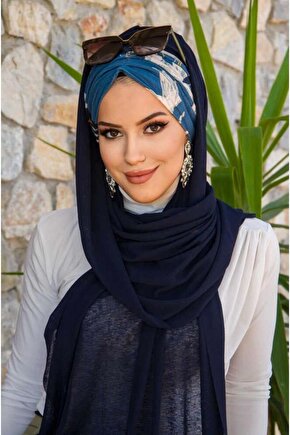 Lacivert Desenli Büzgülü Hazır Şal