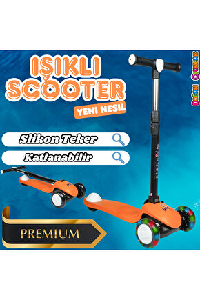 Lupa Katlanabilir Işıklı 3 Tekerlekli Turuncu Scooter - Işıklı Scooter - Slikon Teker Scooter - Çocu