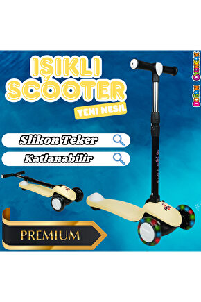 Lupa Katlanabilir Işıklı 3 Tekerlekli Sarı Scooter - Işıklı Scooter - Slikon Teker Scooter - Çocuk S