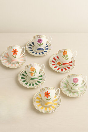 6 Renk Çiçek Desenli Porselen Kahve Fincan Takımı 12 Parça – 6 Kişilik Şık Sunum Seti