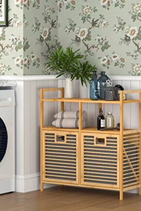 Bambu 2 Kapaklı 240 Lt Çamaşır Sepeti Banyo Düzenleyici 90x82,5x33 cm Açık Raflı Çok Amaçlı Dolap
