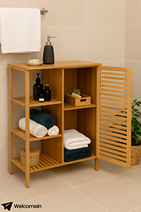 Bambu Banyo Dolabı | Doğal Ahşap Çok Gözlü Çamaşır ve Havlu Düzenleyici Raf