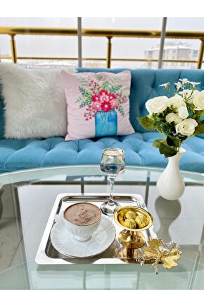 Lüx Kelebek Aksesuarlı Paslanmaz Çelik Kare Gümüş Kahve, Çay, Dekoratif Sunum Servis Tepsisi