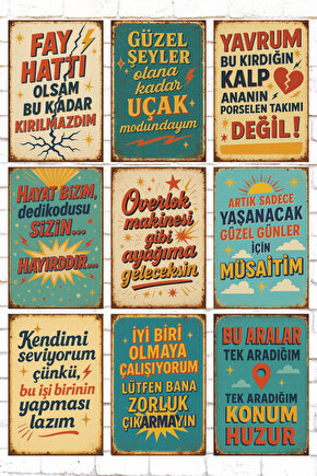 9 parça komik esprili sözler duvar yazıları retro ahşap poster tablo seti