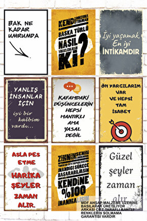 9 Parça Karışık Yazılı Ahşap Tablo Seti umurumda değil komik eprili atarlı sözler duvar yazıları