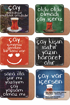 güzel komik esprili çay sözleri ev mutfak kafe dekorasyon 6lı ahşap bardak altlığı seti