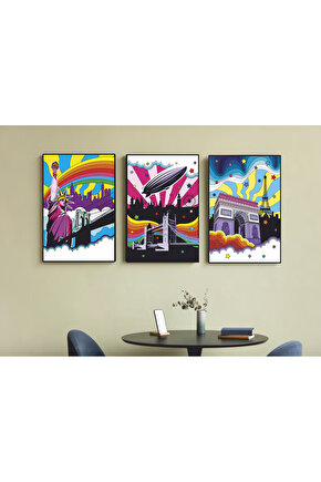 3 Parça Çerçeve Görünümlü Mdf Tablo Seti new york amerika londra ingiltere paris eyfel kulesi fransa
