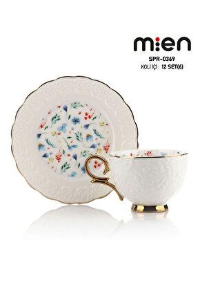 SPR-0369 Kabartma Desenli Çiçek Motifli Gold Detaylı Porselen Kahve Fincan Takımı 6’lı