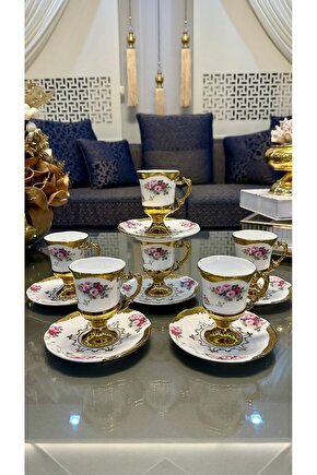 Kosova Ayaklı Güllü Gold Kahve Fincan Takımı 6 Kişilik