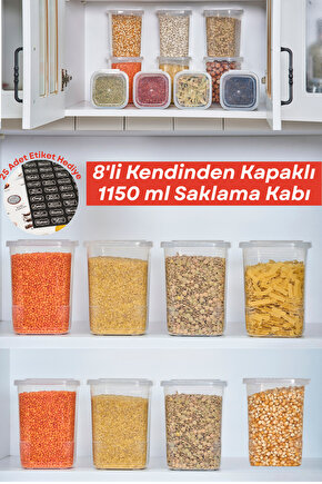 8 Adet 16 Parça Etiketli Kendinden Kapaklı Erzak Dondurucu Baharat Saklama Kabı Seti 1,15 Litre