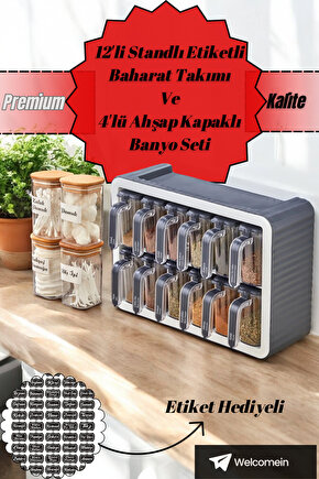 12 li Standlı Kendinden Yapışkanlı Kapaklı Kaşıklı Baharatlık Takımı Ve 4lü Ahşap Kapaklı Banyo Seti