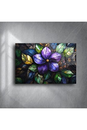 Mor Çiçek Desenli Cam Tablo