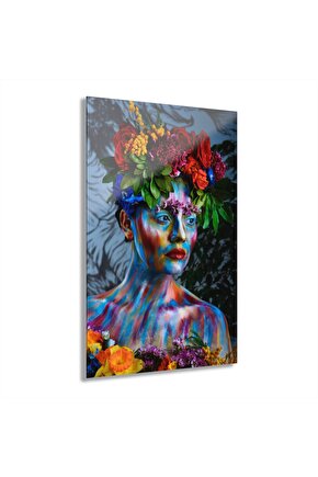 Çiçekli Kadın Cam Tablo Duvar Dekoru
