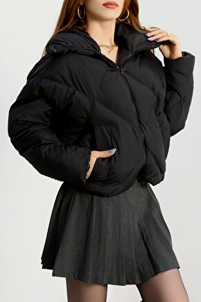 Kadın Oversize Siyah Şişme Mont | Dolgulu Su Geçirmez Puffer Ceket Kışlık