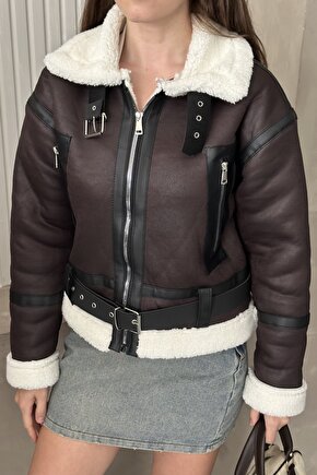Kadın İçi Kürk Detaylı Kemerli Deri Mont - Kışlık Biker Peluş Astarlı Deri Ceket