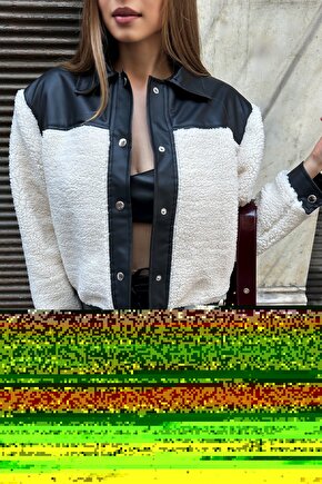 Kadın Siyah Deri Detaylı Peluş Bomber Ceket - Oversize