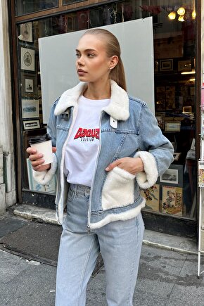Suni Kürk Detaylı Jean Ceket - Oversize Denim Peluş