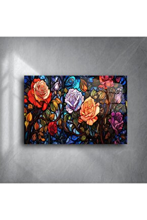 Renkli Çiçekli Gül Vitray Duvar Sanatı Paneli