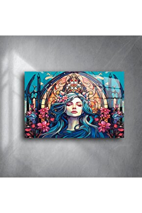 Taçlı Kadın ve Çiçeklerle Gotik Vitray Duvar Sanatı