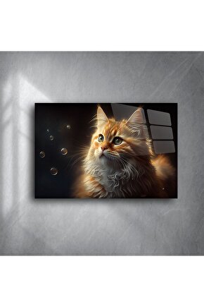 Kabarcıklara Bakan Turuncu Kedi Cam Tablo