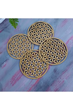Dekoratif Lazer Kesim Ahşap Yaşam Çiçeği Sunum ,meyve Ve Bardak Altlığı 4lü Set