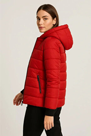 Şişme Kapüşonlu Fermuarlı Mont Su Itici Kapitone Astarlı Kumaş Cepli Kışlık Rahat Kalıp - Kırmızı