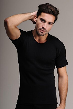 4000 Erkek Siyah Kısa Kol Yün Fanila