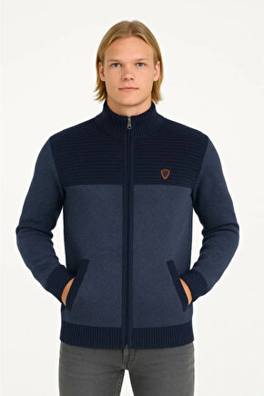 Erkek Fermuarlı Triko Hırka Yüksek Yaka, Cepli, Günlük Şık Rahat Kalıp Triko - Lacivert