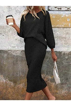 Kadın Uzun Kollu Yuvarlak Yakalı şardonlu Kaşkorse Bluz Ve Etek Ikili Takım