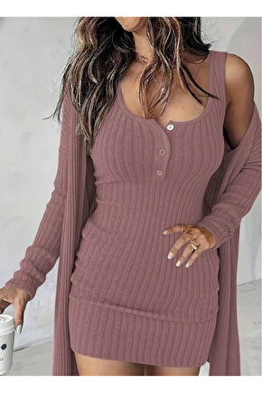 Kadın Askılı Yuvarlak Yakalı önü Düğmeli şardonlu Kaşkorse Mini Elbise Ve Kısa Ceket