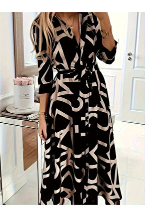 Kadın Uzun Kollu Yakalı önden Düğmeli Uzun Süprem Elbise