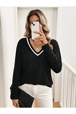 Kadın Uzun Kollu V Yakalı Viskon Iki Iplik Bluz