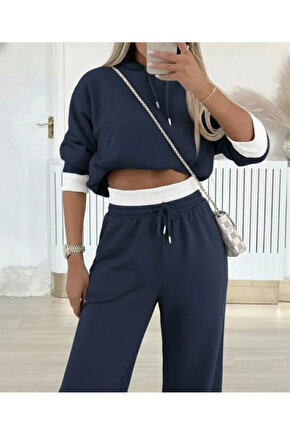 Kadın Uzun Kollu Kapşonlu Viskon Iki Iplik Füme Bluz Ve Pantolon Ikili Takım