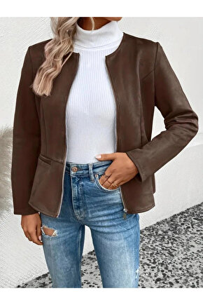 Kadın Uzun Kollu Yuvarlak Yaka önden Fermuarlı Süet Ceket