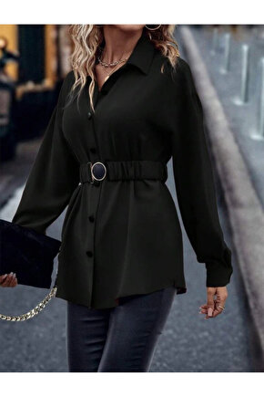 Kadın Uzun Kollu Yakalı önden Düğmeli Belden Kemerli Ithal Krep Bluz