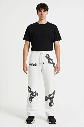Erkek Üç İplik Pamuklu Baskılı Cepli Jogger Buggy Pantalon Oversize Kalıp - Beyaz