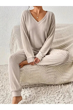 Kadın Uzun Kollu V Yakalı Kaşkorse Bluz Ve Pantolon Ikili Takım