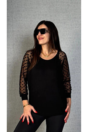 Kadın Yarasa Kol Puantiyeli Tül Detay Bluz