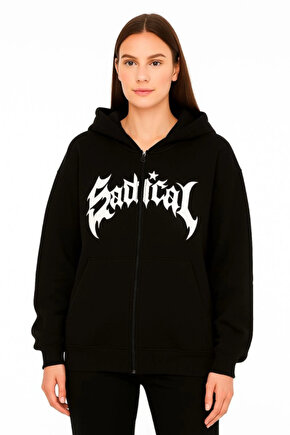 EQURİ Oversize Kapüşonlu Sweatshirt Hoodie 3 İplik Şardonlu Pamuklu Kumaş, Önü Baskılı, Fermuarlı R