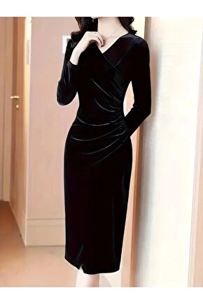 EQURİ Kadın Uzun Kollu Kruvaze Yakalı Yandan Büzgülü önden çapraz Detaylı Midi Kadife Elbise