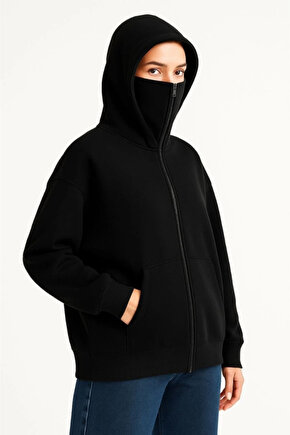 Kadın Samuray Ninja Çift Kapüşonlu Maske Detaylı Fermuarlı Kanguru Cepli Hoodie - Siyah