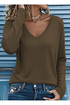 Kadın Uzun Kollu V Yakalı Viskon Iki Iplik Bluz