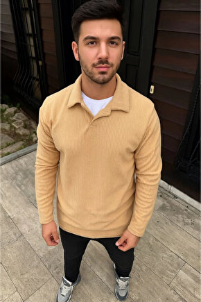 Erkek Fitilli Polar Sweatshirt – Düğmesiz Polo Yaka, Oversize Rahat Kalıp, Kalın Polar Kumaş, Kışlık