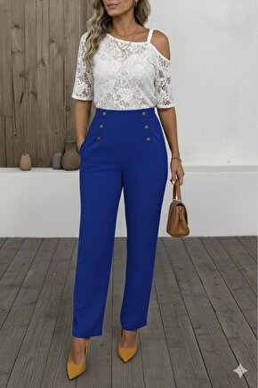 Kadın Düğme Detay Bol Paça Ithal Krep Pantolon