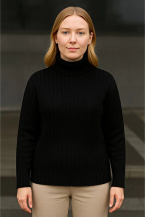 Balıkcı Yaka Bağazlı Triko Kazak Pamuklu Kalın Fitilli Dokuma - Siyah