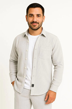 Erkek Fitilli Kadife Cepli Gömlek Oversize Rahat Kalıp - Gri