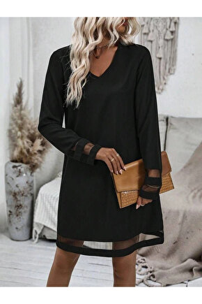 Kadın Uzun Kollu V Yakalı Tül şerit Detaylı Mini Krep Elbise