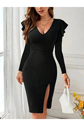 EQURİ Kadın Uzun Kollu V Yakalı Yandan Yırtmaçlı Midi Ithal Krep Elbise