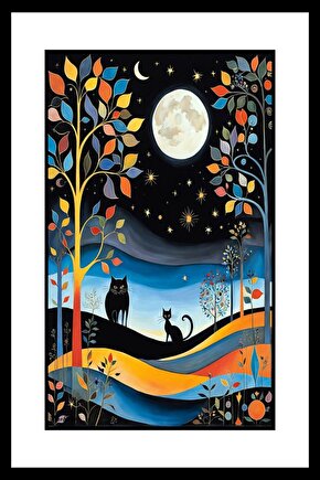 Ay Işığı ve Kediler Digital Art ( ÇERÇEVESİZ - ÇERÇEVE YOKTUR ) ( ULTRA HD ) FOLYO AFİŞ - POSTER