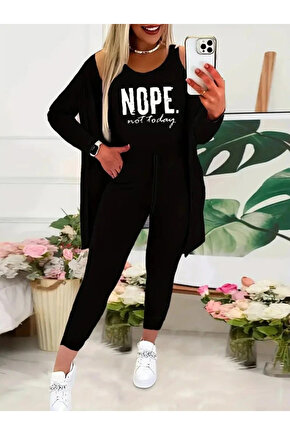 Kadın Askılı Yuvarlak Yaka Yazılı Viskon Iki Iplik Bluz Ceket Ve Pantolon 3lü Takım